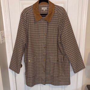 LOFT Brown Plaid Trench Coat with Suede Collar